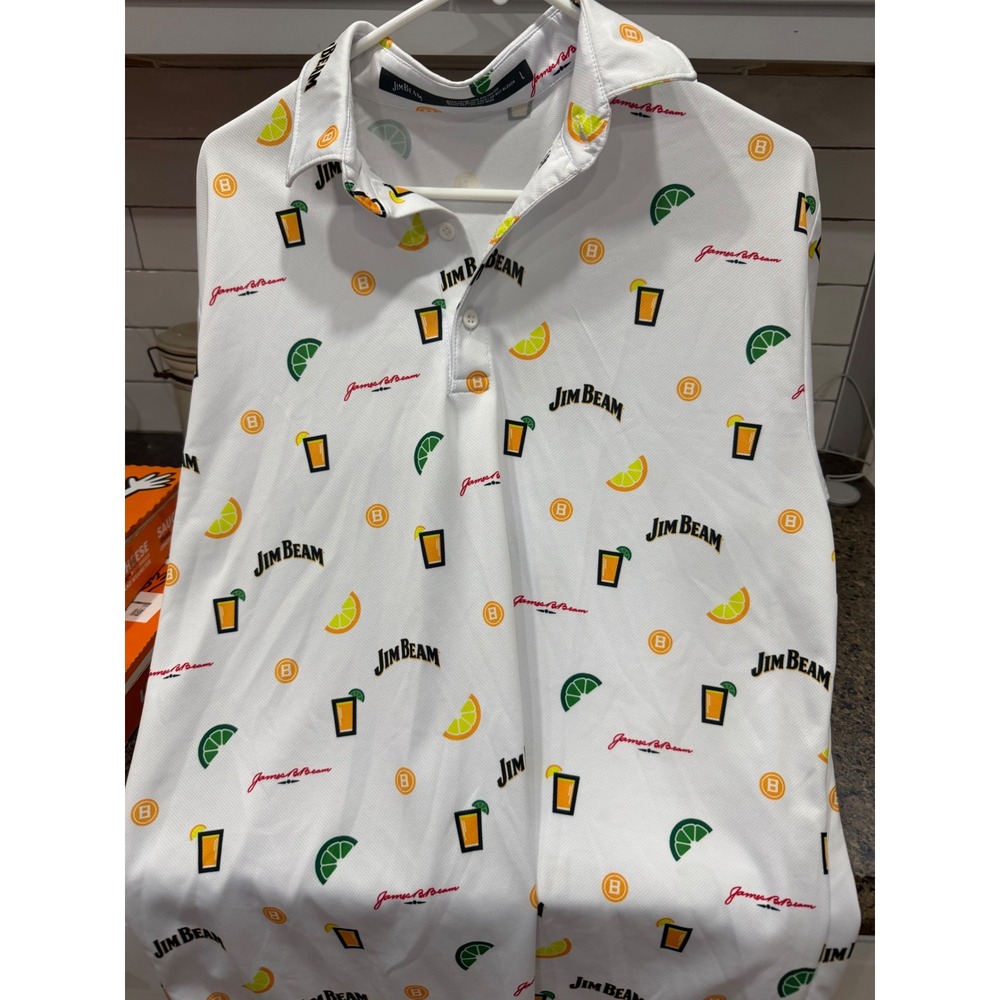 Jim Beam Golf Polo Shirt Men's Large White Cocktail‎ Citrus Print
